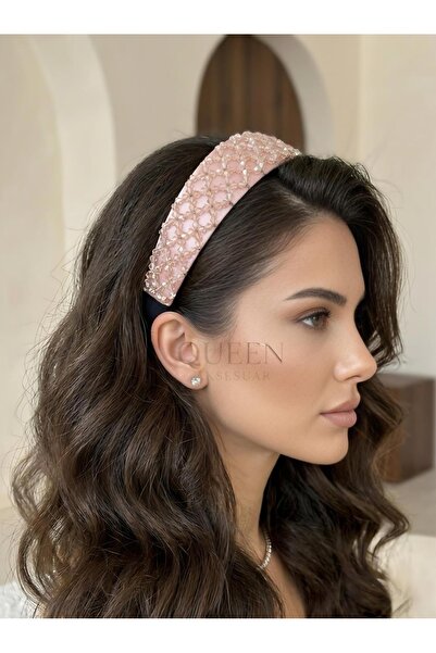 QUEEN AKSESUAR Ροζ σατέν κρυστάλλινη κορώνα με χάντρες και στρας, χοντρή γυνα...