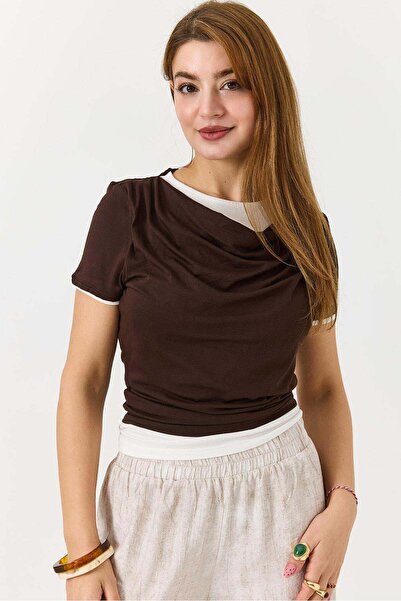 Raneel Kazançlı Alışveriş Women's Draped Two-Tone Short Sleeve Tshirt Brown