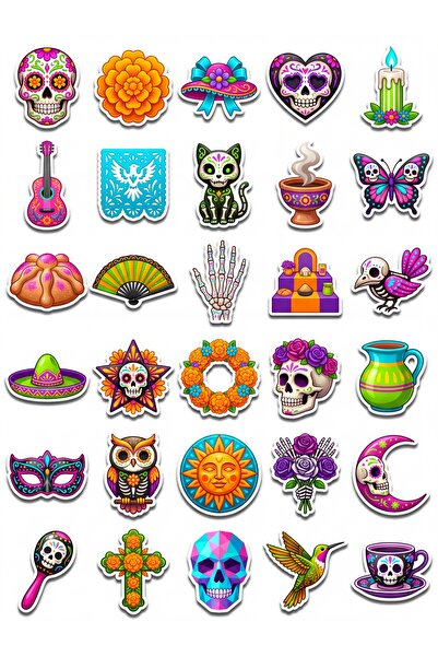 Store 30 Adet 3D Renkli Meksika Kafatası Sticker Seti - Laptop Defter Telefon...