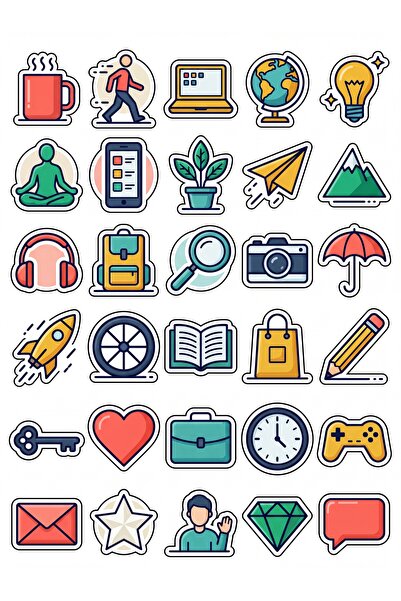 Store 30 Pieces Vector Icons and Lifestyle Sticker Set - Laptop Phone Agenda