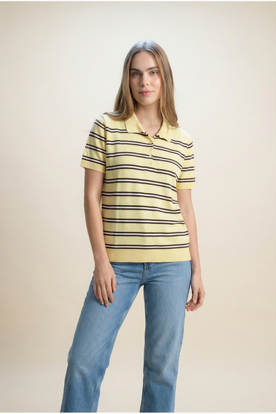 Shophia Polo Yaka Çizgili Kısa Kollu Kadın Triko Tişört