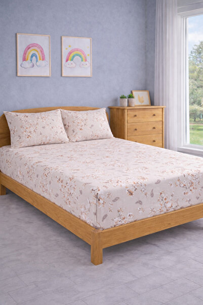 Shopyteks Σετ σεντόνια με μπεζ φλοράλ σχέδιο, μεγάλου μεγέθους, ελαστικά, 180...