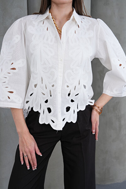 FancyWorld Λευκό πουκάμισο με κέντημα και σχέδια στον ώμο του Fakir Kol