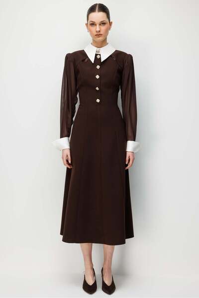 Moda İlgi Modailgi Φόρεμα με γιακά και μανίκια από σιφόν, σε καφέ χρώμα