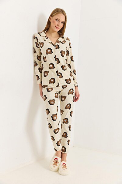 Raneel Kazançlı Alışveriş Women's Beige Cotton Character Printed Polo Collar ...