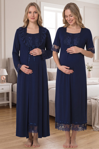 BLACKMORE Women's Navy Blue Cotton Maternity Nightgown Set with Special Lace ...