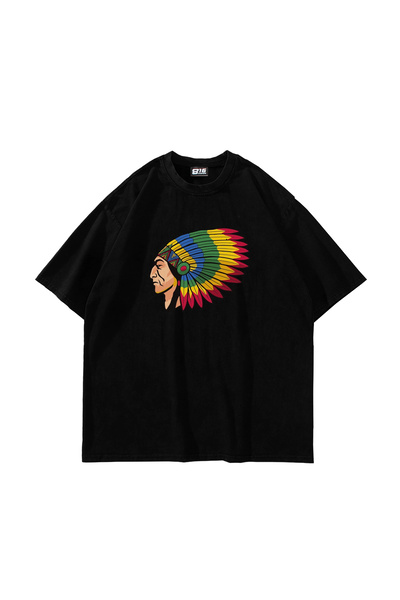Sekizbiraltı Tricou negru oversize unisex cu imprimeu indian american