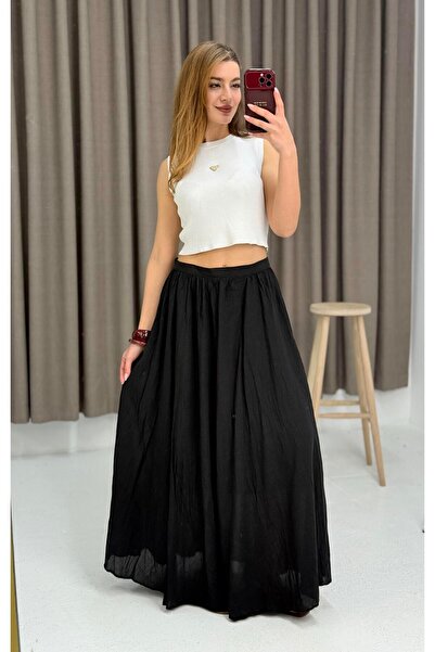 Raneel Kazançlı Alışveriş Women's Wrinkled Model Lined Skirt Black
