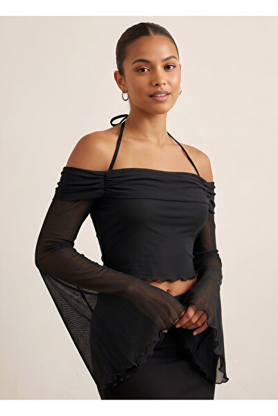 BLOUSE Tül Detaylı Boyundan Bağlamalı Flare Kol Crop