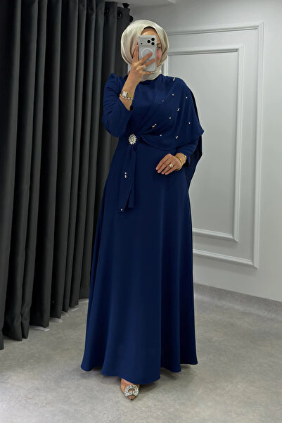 Abiye Diyarı Zahide Taşlı Broşlu Krep Kumaş Tesettür Abiye-