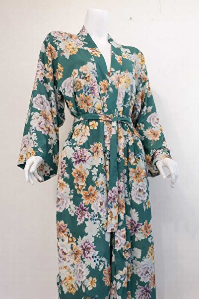 Zümrüt Yeşili Üzerine Çiçekler Kimono/Sabahlık