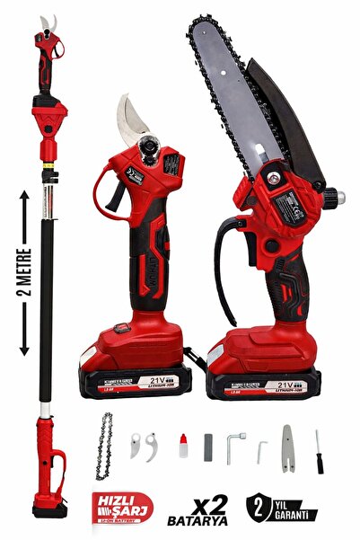 KİMMEER PLUS 3'lü Set 21V Çift Akülü Teleskopik Kollu Bağ Makası ve Budama Te...