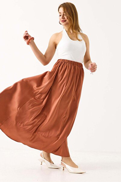 Raneel Kazançlı Alışveriş Women's Long Elastic Waist Flared Satin Skirt Copper
