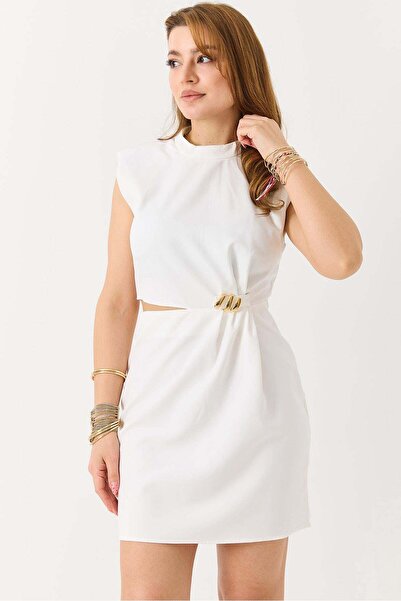 Raneel Kazançlı Alışveriş Women's Waist Window Detailed Gold Buckle Mini Dres...