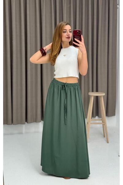 Raneel Kazançlı Alışveriş Women's elastic waist lace-up long skirt green