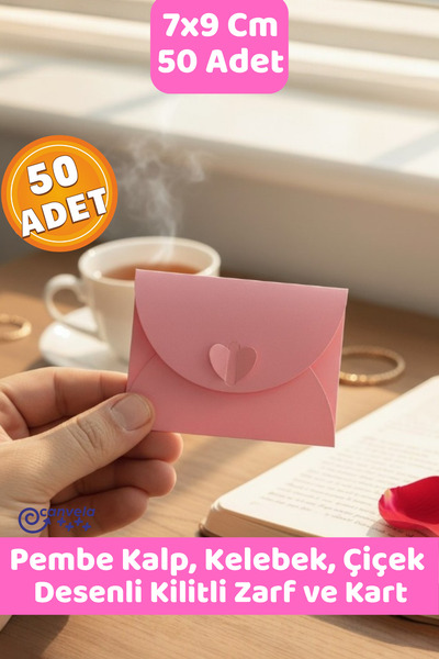 CANVELA 50 Adet 7x9 Cm Pembe Zarf Kalp Çiçek Kelebek Kilitli Mini Hediye Zarf...