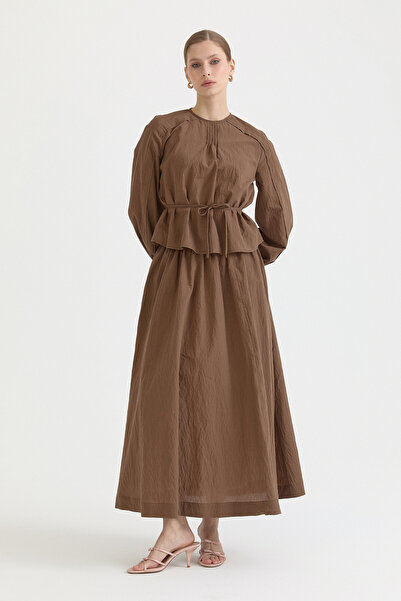 Nihan Ribbed detail cotton skirt and blouse set - coffee