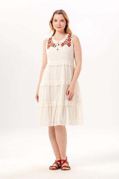 Eliş Şile Bezi Sleeveless Mina Embroidery Detailed Lace-Up Collar Summer Voil...