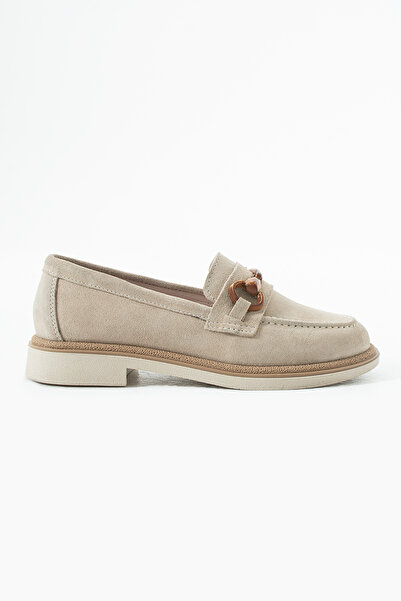 Sira Official Luvia Beige Suede Genuine Leather Buckle Loafer