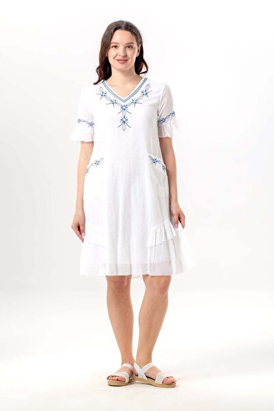 Eliş Şile Bezi Κοντομάνικο φόρεμα Helin με λαιμόκοψη V, κεντημένο, με πλαϊνές...