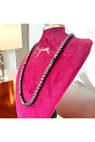 Ezera Amos χειροποίητο ανδρικό κολιέ από Αιματίτη και Μάτι της Τίγρης με μαγν...