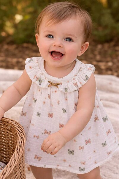 kidsense Colorful Butterfly Patterned Baby Girl Summer Muslin Dress