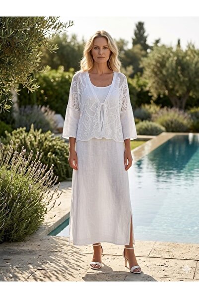 Punta Otantik YG11694 Ιταλικό λινό φόρεμα με τιράντες και δαντελένιο σακάκι σ...