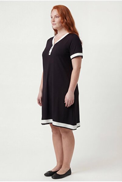 Ebsumu Women's Plus Size Sho Fabric Garni Detail Black Dress