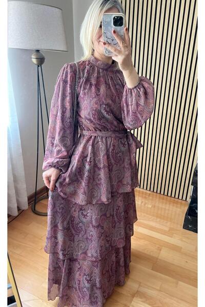 Cardella Φόρεμα σιφόν με βολάν και στρώσεις Lavinya, μακρύ φόρεμα με σχέδιο σ...