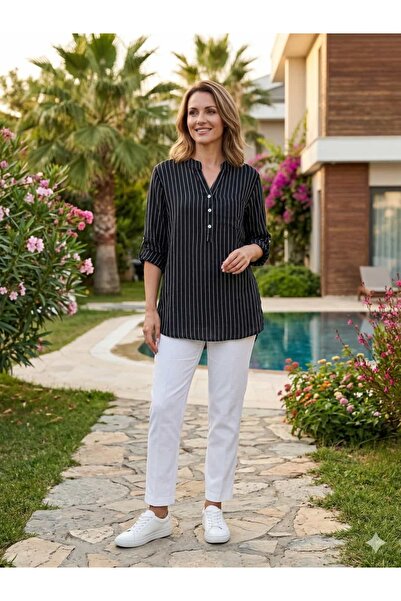 Punta Otantik Nc5549 Italian Striped 3 Buttons Cotton Blouse Black