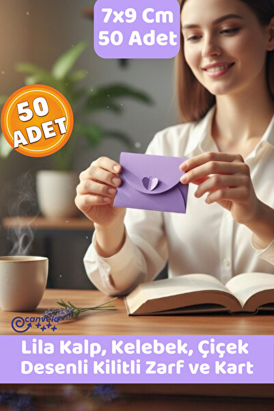 CANVELA 50 Adet 7x9 Cm Lila Zarf Kalp Çiçek Kelebek Kilitli Mini Hediye Zarfı...