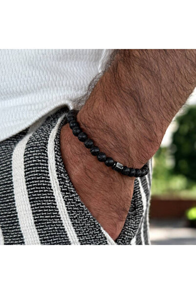 Ezera Ρυθμιζόμενο ανδρικό βραχιόλι με κυανό κορδόνι, πέτρες λάβας και ατσάλιν...