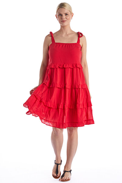 Newbutix Strappy Voile Coral Square Neck Short Summer Dress