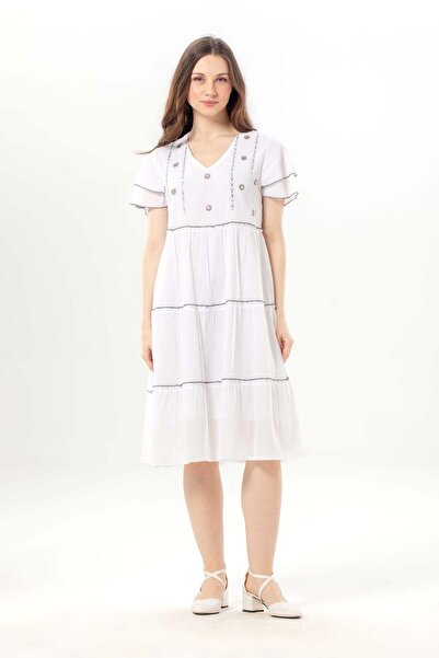 Eliş Şile Bezi Κοντομάνικο φόρεμα με παγιέτες, λαιμόκοψη V, ύφασμα Σίλε, καλο...