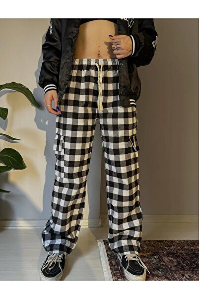 EDVESS Φούτερ με καρό σχέδιο, τσέπες Cargo και κορδόνια, μαύρο