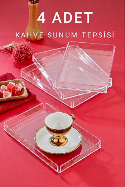 ZeDesign 4 Adet Şeffaf Kristal Kahve Sunum Tepsisi-Dekoratif Sunum Tepsisi