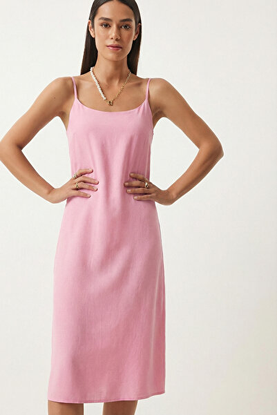 Lovelyİstanbul Καλοκαιρινό Μακρύ Λινό Φόρεμα με Τιράντες LGX0004 ΡΟΖ