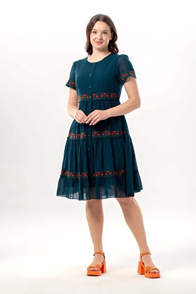 Eliş Şile Bezi Κοντομάνικο φόρεμα με λαιμόκοψη ποδηλάτου, κεντημένο, αυθεντικ...