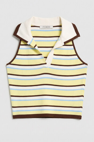 it's basic Γυναικείο κίτρινο ριγέ s6-108 Crop Fit Polo γιακάς Λεπτό καλοκαιρι...