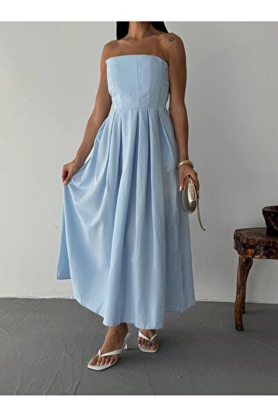 Flarsky Women's Raw Linen Strapless Midi Dress with Elastic Back