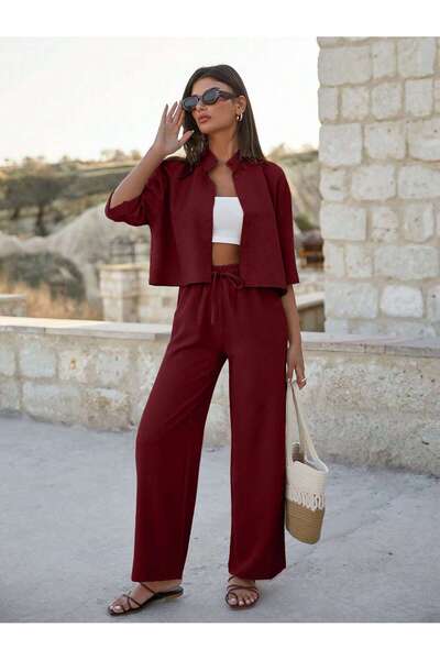 DUUE FASHİON Μπορντό Χρώμα Άνετο Πουκάμισο Crop & Παντελόνι με Φαρδιά Μπατζάκ...