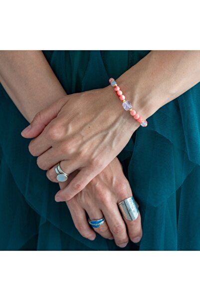 Ezera Γυναικείο βραχιόλι Καρίσα με χάντρες από κοράλλι και ροζ χαλαζία, με ασ...