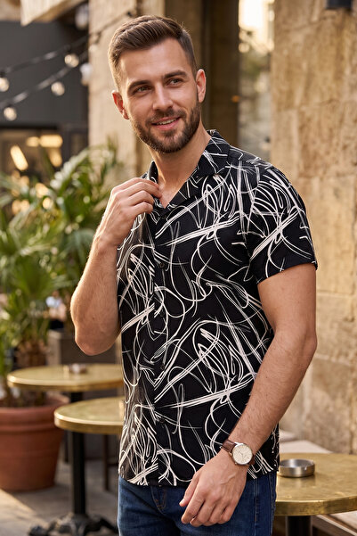 Exve Exclusive Μαύρο και άσπρο αφηρημένο σχέδιο με φυσικό αναπνεύσιμο βισκόζη...