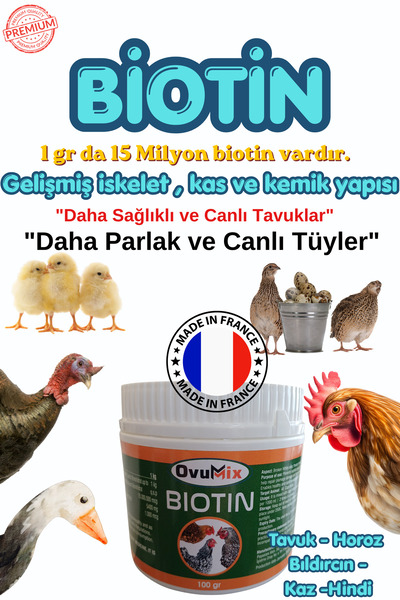 OVUMİX Biotin 100 gr – Tavuk, Bıldırcın, Kaz, Hindi İçin Tüy, Kemik ve Gelişi...