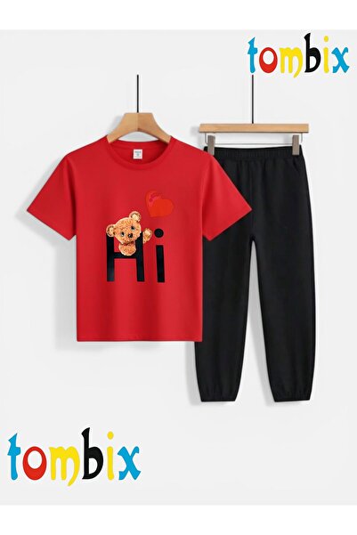 tombix Hearted Hi Bear Printed T-Shirt and Sweatpants (Sweatpants with Pocket...