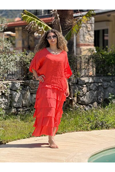 Punta Otantik NC20831 Ιταλικό λινό φόρεμα με βολάν κοραλί