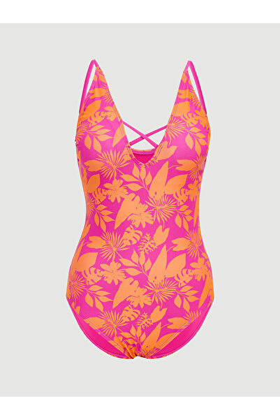 LC Waikiki Φούξια γυναικείο μαγιό με λαιμόκοψη V και λεπτομέρεια με διασταυρο...