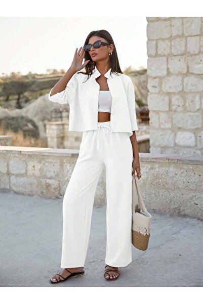 DUUE FASHİON Beyaz Renk Rahat Kesim Crop Gömlek & Beli Lastikli Bol Paça Pant...