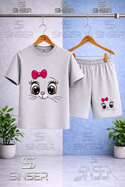 SS SİNSER Kids' Cat Eye Pmbe Krdl Printed Crew Neck T-Shirt - Shorts Set