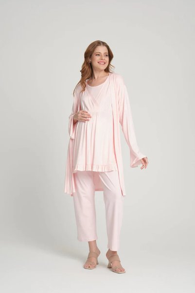 Rimel Homewear Cotton Spanish Style Maternity Pajama Dressing Gown Set - Maternity Set with Hidden Nursing Compartment